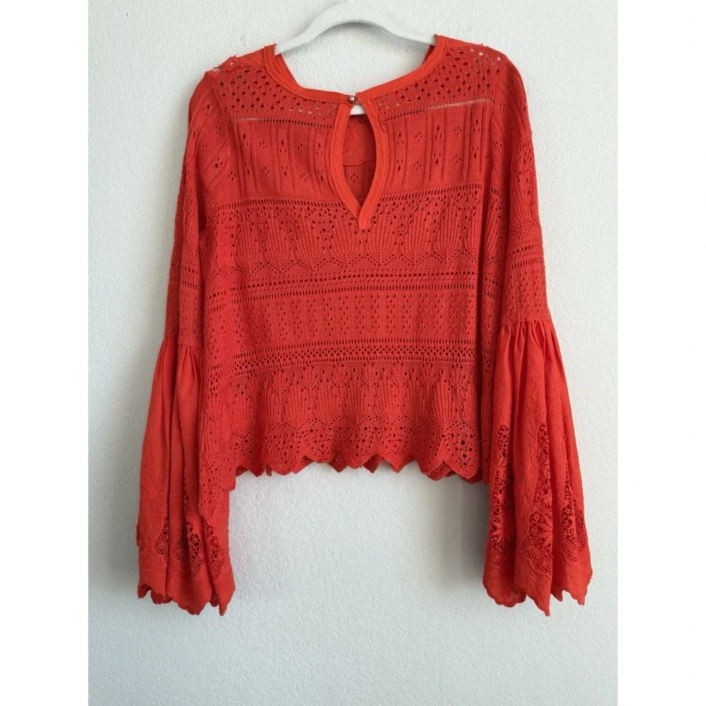 Free People Women's Flare Bell Sleeve Knit Crochet Eyelet Orange Red Size S Boho
